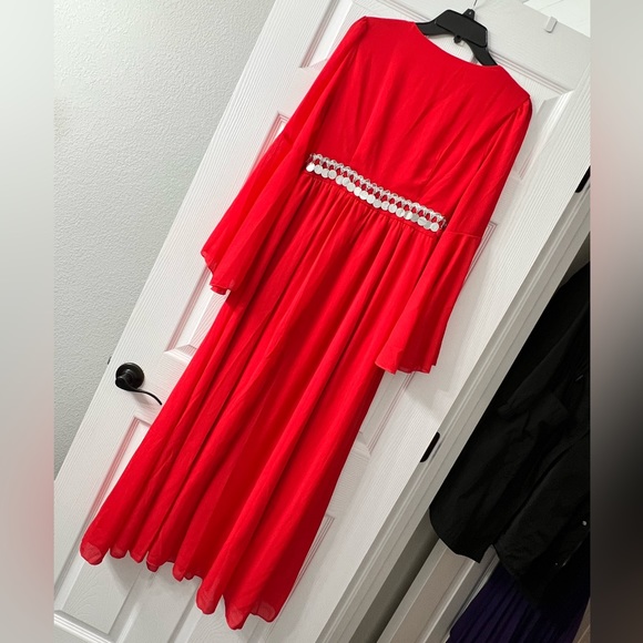 Red Flounce Sleeve Sequin Dress - Picture 12 of 13